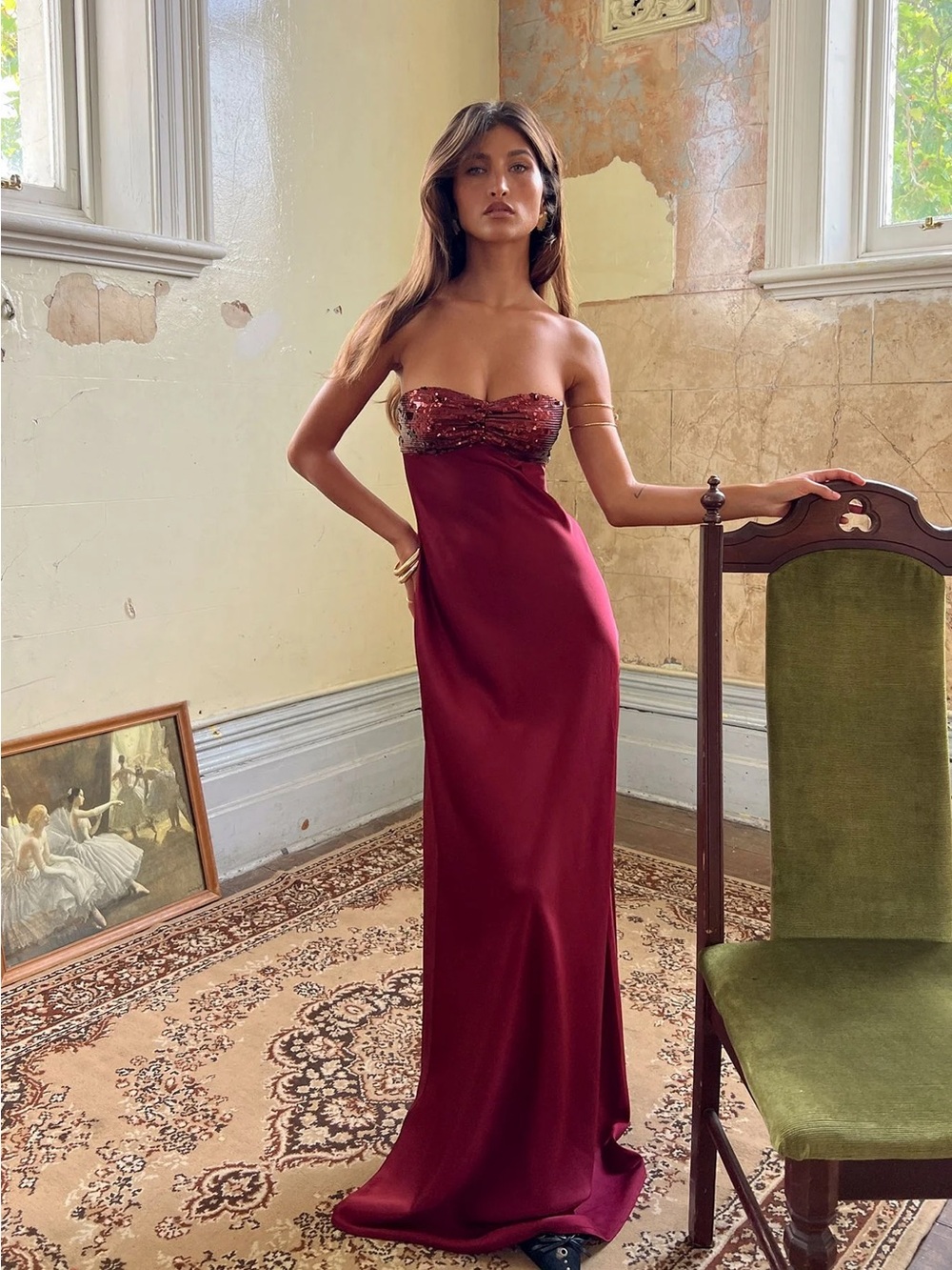 See The Vision Sequin Bust Strapless Maxi Dress Burgundy